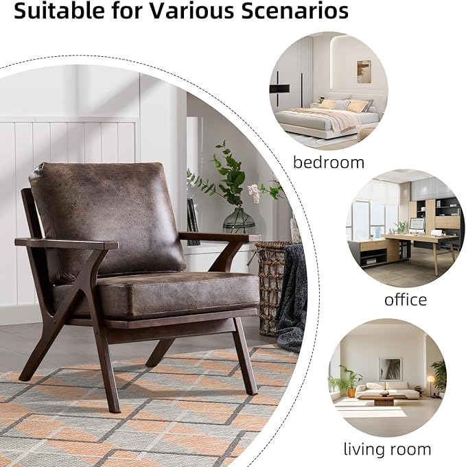 INZOY Mid-Century Modern Accent Chair with Wood Frame, PU Leather Living Room Chair and Soft Thick Padded Armchair for Living Room Bedroom Reception with Removable Upholstered Cushions, Dark Grey