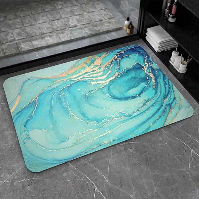 Diatomaceous Earth Bath Mat,Turquoise Marble Non-Slip Volume Super Absorbent Fast Drying for Bathroom Kitchen Door mat,Eco-Friendly Easy to Clean 16×24Inch (40 * 60cm)