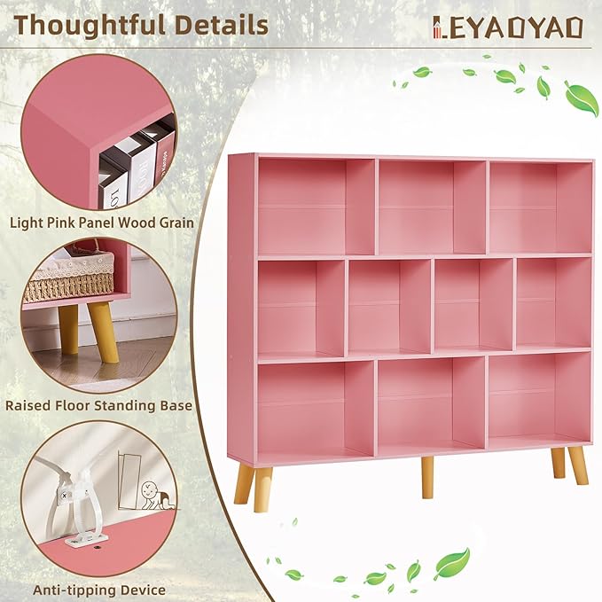 LEYAOYAO 10 Cube Bookshelf,3 Tier Modern Wide Bookcase with Legs,Mid-Century Wood Bookshelves Storage，Light Pink Large Book Case,Freestanding Organizer Display Shelf for Bedroom,Living Room,Office