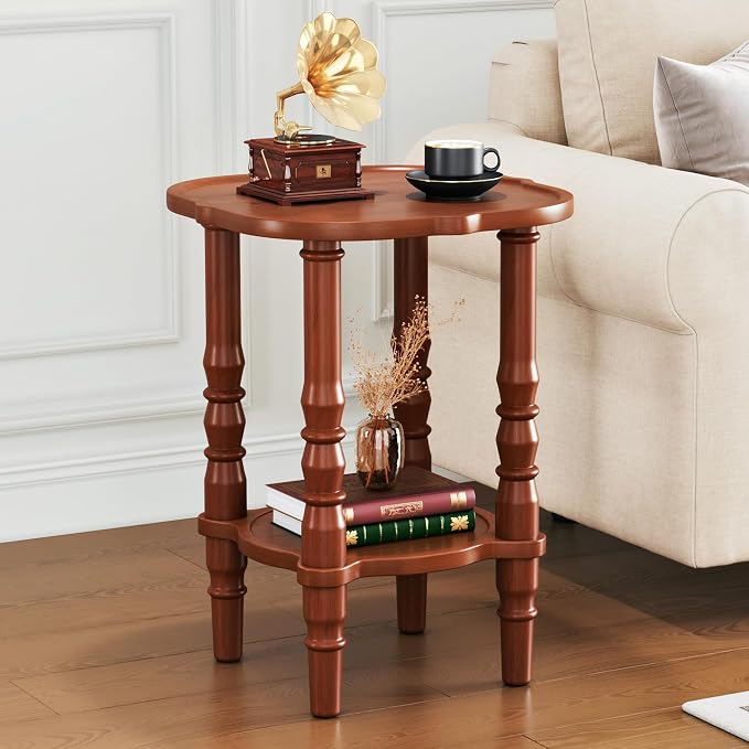 Solid Wood End Table Living Room - 21.7" H Small Narrow Square Wooden End Table for Small Spaces, Dark Real Brown Solid Wood Vintage Antique Side Bedside Table Nightstand with 2-Tier Storage