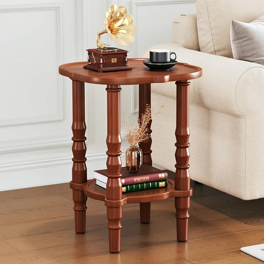Solid Wood End Table Living Room - 21.7" H Small Narrow Square Wooden End Table for Small Spaces, Dark Real Brown Solid Wood Vintage Antique Side Bedside Table Nightstand with 2-Tier Storage