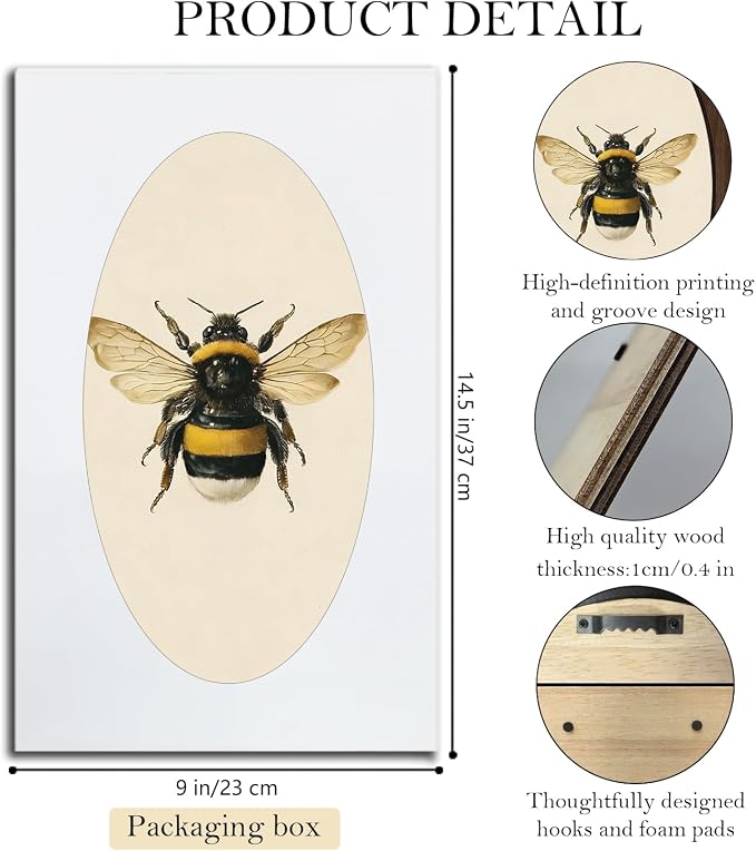 UYIKG Vintage Bee Oval Wall Art Decor,Rustic Farmhouse Cottagecore Bee Oval Wall Art,Farmhouse Country Wooden Framed Decor for Home Bedroom Living Room Reading Room 9x14.6 in