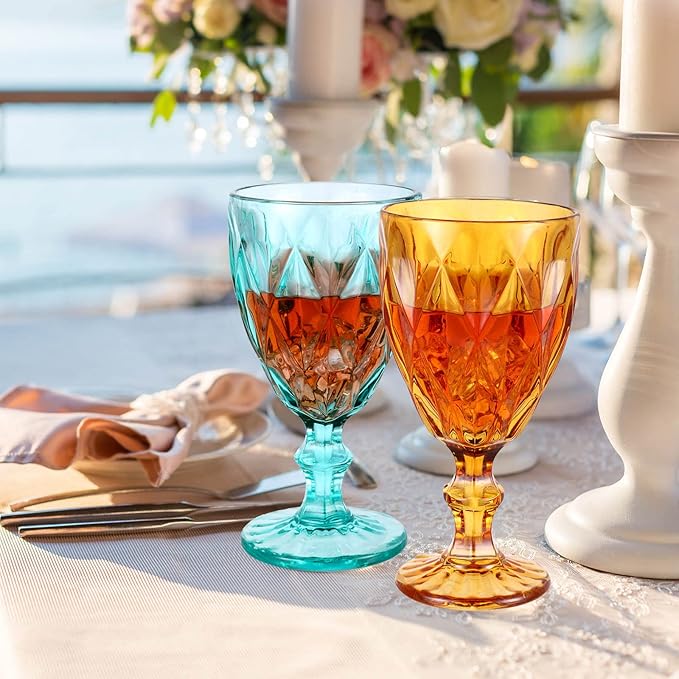 Set of 12 Vintage Glass Goblets Bulk 10 oz Multi Colored Stemware Wine Glasses Crystal Stemmed Drinking Glasses Cups Diamond Pattern Glassware Set for Party Wedding Bar Water Juice Beverage 6 Colors