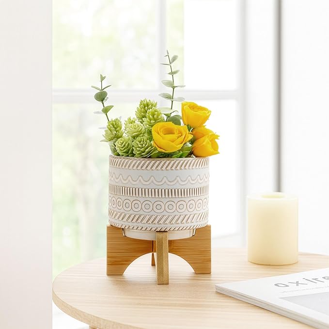 Embossed Ceramic Planters with Wood Stand for Flower Pots Home Decor Pots for Entryway, Tabletop, and Garden - Small Raised Container with Stand for Indoor and Outdoor Plants - 8", Ivory & Tan