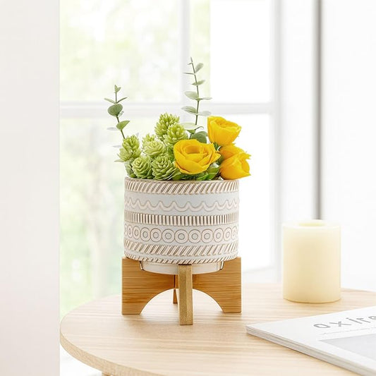 Embossed Ceramic Planters with Wood Stand for Flower Pots Home Decor Pots for Entryway, Tabletop, and Garden - Small Raised Container with Stand for Indoor and Outdoor Plants - 8", Ivory & Tan