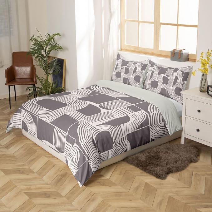 Erosebridal Mid Century Teens Duvet Cover 3 Piece Bohemian Ethnic Bedding Set King Size Boho Geometric Comforter Cover for Kids Boys Adult Bedroom Modern Simple Gray Stripes Bed Sets
