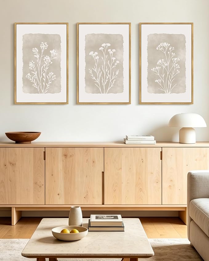 KUVIOKE Boho Botanical Flower Framed Wall Art Farmhouse Vintage Floral Wall Painting Rustic Wildflower Neutral Prints for Living Room Bedroom 16x24in (Natural Framed)