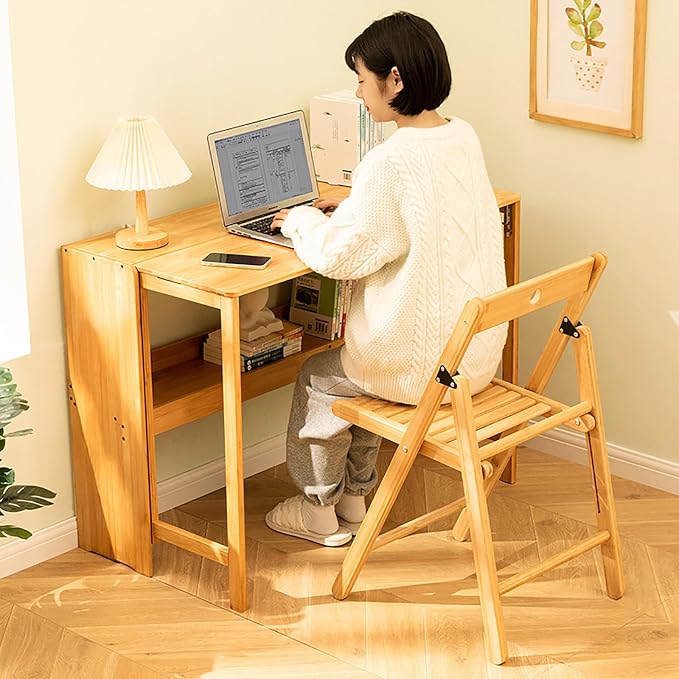 Solid Wood Folding Desk,Mid Century Modern Desk,Foldable Writing Computer Desk for Home Office,Study Desk with Storage Shelf for Small Spaces(103cm/40.5", Natural)