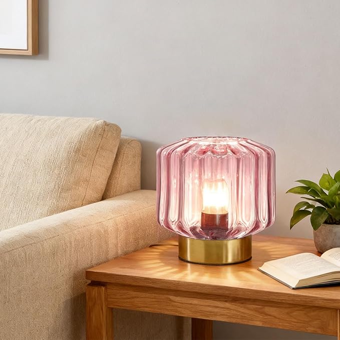 Small Lamp of 2 Pink Glass Table Lamps with Touch Table Metal Base, Mid Century Modern Table Lamps Mini Table Lamp nightstand lamp Gold Desk lamp for Bedside Bedroom Living Room Office