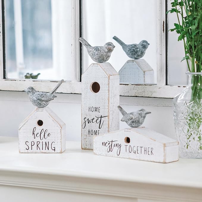 3 Pcs Birdhouse Shaped Wooden Table Decor with Bird Ornament, Rustic Farmhouse Spring Decor for Shelf Mantel Desk Decoration, Housewarming Gift, Hello Spring, Nest Together, Home Sweet Home