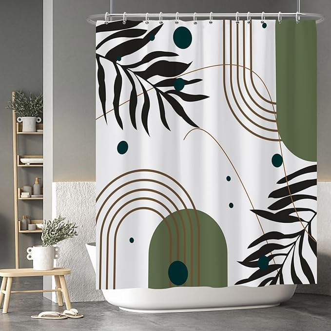 Baocicoo Mid Century Boho Shower Curtain Botanical Abstract Green Leaf Shower Curtain for Bathroom Hostel Hotel Cubicle Bathtub Decor Durable Waterproof Curtain for Bathroom with Hooks 60x72 Inches