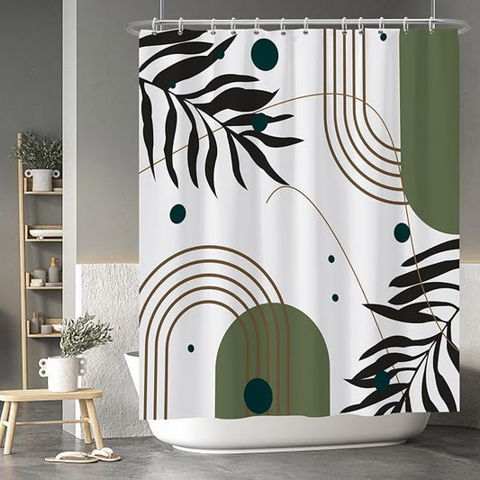 Baocicoo Mid Century Boho Shower Curtain Botanical Abstract Green Leaf Shower Curtain for Bathroom Hostel Hotel Cubicle Bathtub Decor Durable Waterproof Curtain for Bathroom with Hooks 60x72 Inches