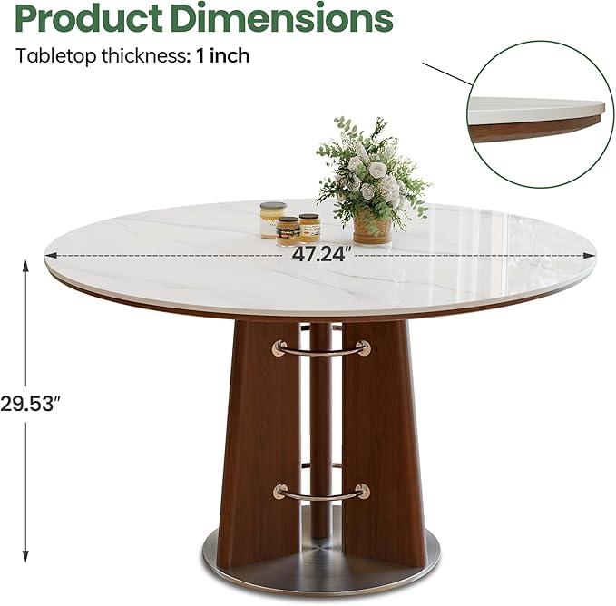 47” Round Dining Table with Solid Wood Base, White Sintered Stone Tabletop, Scratch and Heat Resistant, Modern Marble Table for Kitchen, Dining Room
