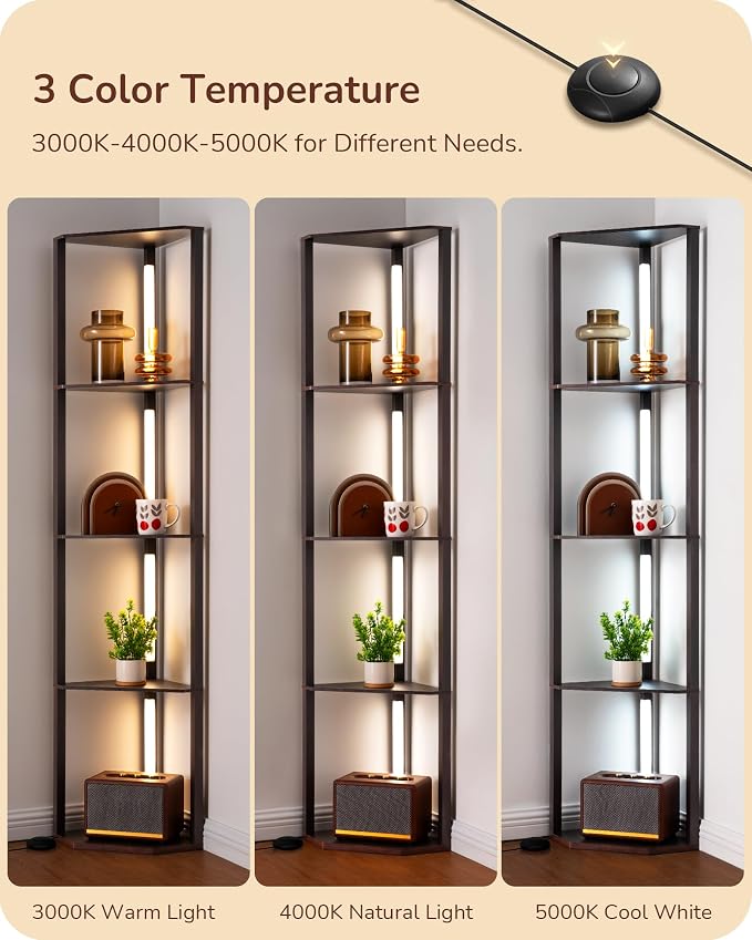 EDISHINE 64" Corner Shelf Floor Lamp for Living Room, Modern LED Corner Light with Shelves, 3CCT, Stepless Dimmable Tall Floor Light for Bedroom, Office, Dining Room, 3000K 4000K 5000K, Black Walnut