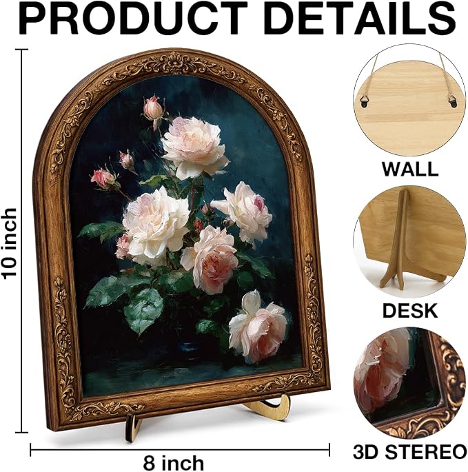 Moody Floral Wall Art Sign for Gothic Home Decor, Vintage Rose Arch Wood Block Sign, Dark Academia Desk & Shelf Decor, 8x10 Inch