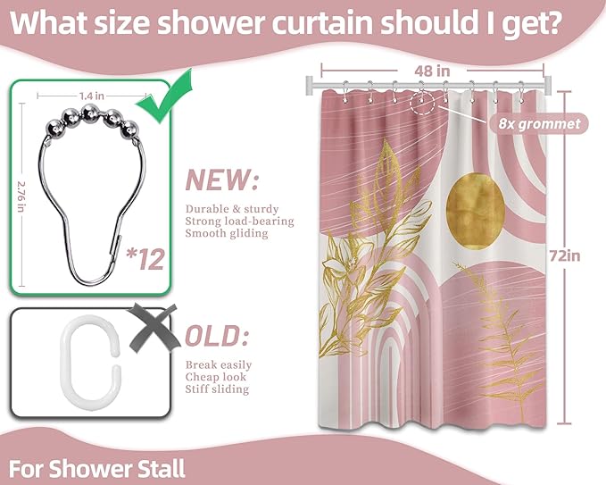 Blush Pink and Gold Shower Curtain Boho Mid Century Light Pink and White Shower Curtains for Bathroom Decor, Waterproof Cloth Fabric with Hooks, 48" W x 72" L