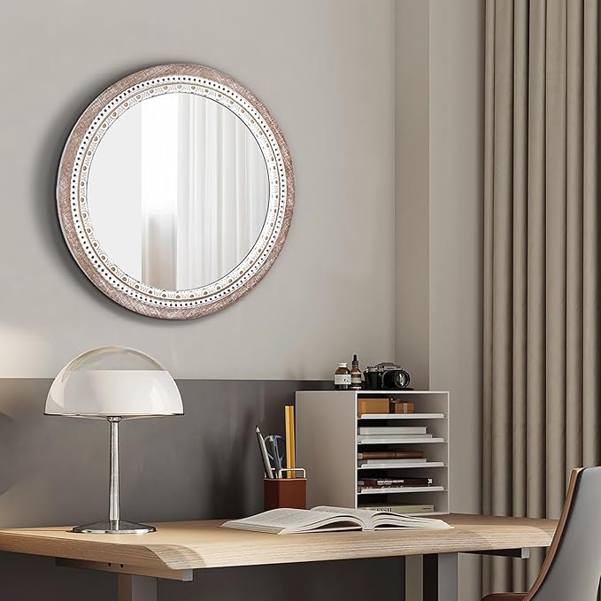 Reflinto 24 Inch Boho Wooden Round Mirror for Wall Decor, Rustic Farmhouse Circle Mirrors Decorative for Bathroom Over Sink, Living Room, Entryway, Hallway