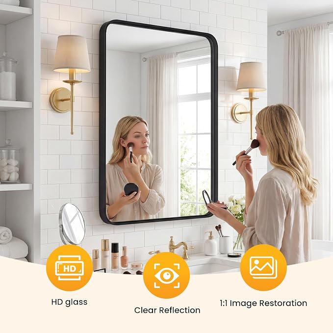 22"x 30" Black Bathroom Mirror for Sink, Rectangle Vanity Mirror for Wall, Over Sink, Farmhouse, Restroom, Anti-Rust, Modern Decorative, Horizontal or Vertical Hanging