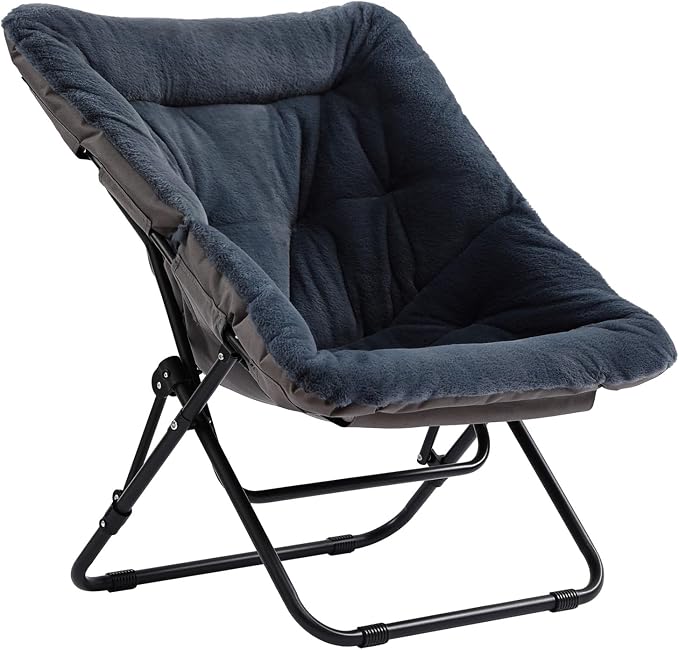 Furlide Saucer Chair, Comfy Doorm Chairs, Oversized Folding Faux Fur Chair, Foldable Metal Frame Chair, for Bedroom, Living Room, Balcony, Study, Playroom (Navy Blue)