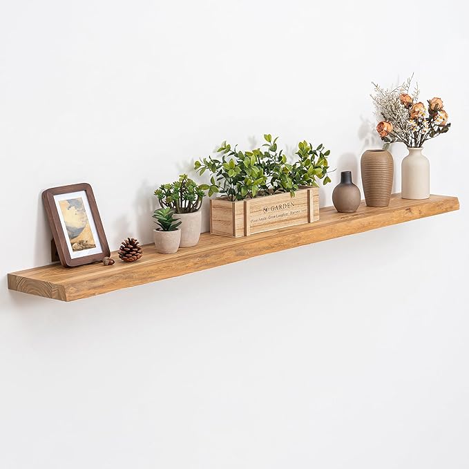 Extra Deep 55" Long Live Edge Rustic Floating Shelves for Wall, Solid Wood Wall Shelves with Invisible Bracket Mount for Living Room Bathroom Bedroom Kitchen, Set of 1, Natural
