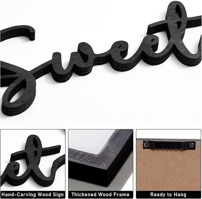 3D Wood Sweet Dreams Wall Decor Above Bed Decors, Bedroom Wall Art 36x16”, Black Wall Decor for Bedroom (12x16 inches, Set of 3, Framed)