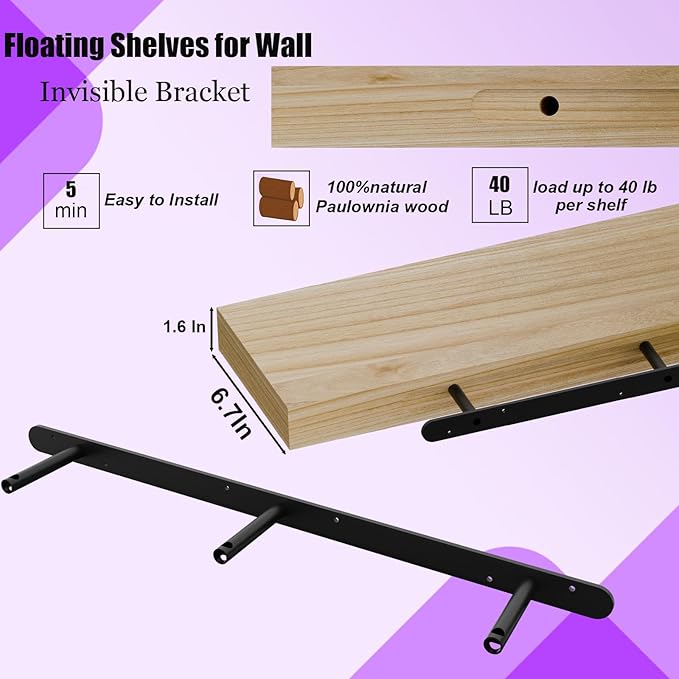 IAE Floating Wall Shelves 36 inch,Bathroom Shelf Wall Mounted,Invisible Shelves Floating Kitchen Shelving,Wooden Wall Shelving with Brackets for Living Room Wall Mounted,Easy Install,Set of 2,Natural