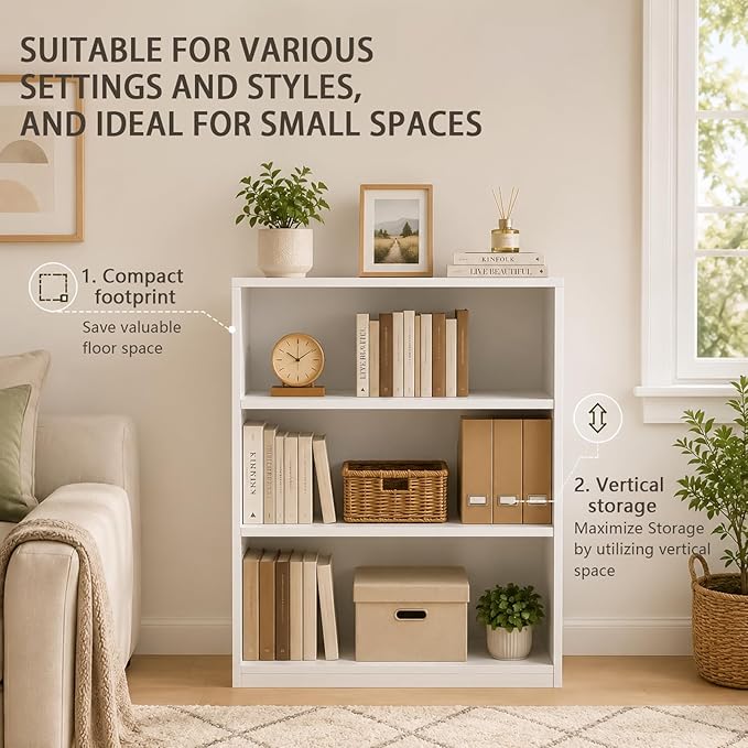 Wooden 3-Tier Bookshelf, Adjustable Open Storage Shelf Unit, 31.5" Tall Bookcase（White）