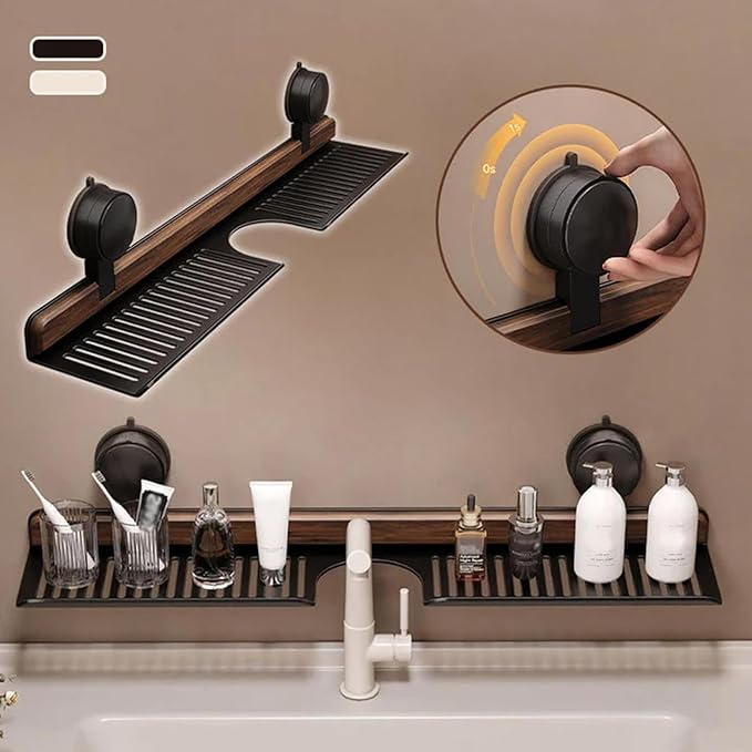 Walnut Bathroom Suction Cup Shelf - Wall Mounted Sink Shelf Over Faucet for Bathroom & Kitchen, Removable Suction Cup Sink Over Faucet Organizer, Floating Storage Countertop Shelves (Black_60CM)