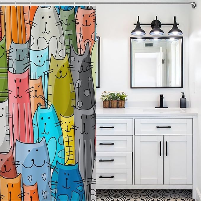 Cat Shower Curtain,Cartoon Cute Cat Pets Colorful Funny Animals Bathroom Curtain Polyester Waterproof Fabric Decor 72x72in（183x183cm）