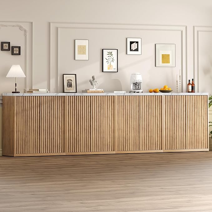 31” Sideboard Cabinet with Storage, Fluted Accent Cabinet with Adjustable Shelves, Modern Wood Credenza Cabinets with Pop-up Doors for Entryway Kitchen Living Room Hallway, Faux Marble Top 4pcs