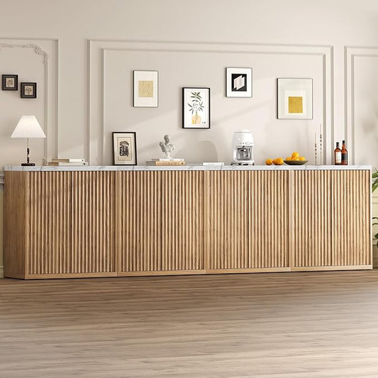 31” Sideboard Cabinet with Storage, Fluted Accent Cabinet with Adjustable Shelves, Modern Wood Credenza Cabinets with Pop-up Doors for Entryway Kitchen Living Room Hallway, Faux Marble Top 4pcs