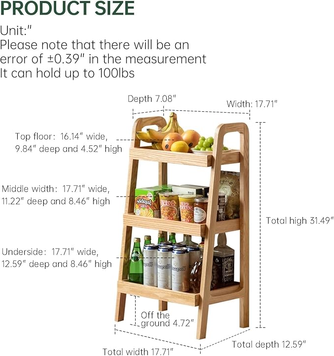 100% Solid Oak 3 Tier Ladder Shelf for Saving Space, Small Bookshelf with Stable Frame, Free Standing Ladder Shelves for Living Room Bedroom Couch, (Natural, 17.72" W x 12.6" L x 31.5" H)