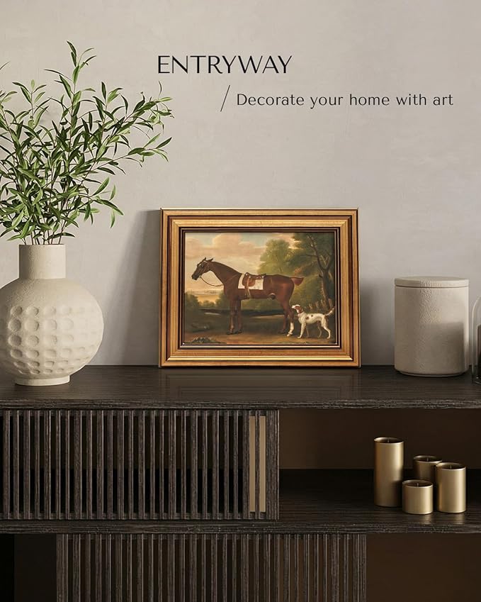 HUARCEY Gold Framed Vintage Wall Art for Living Room, Animals Painting Prints Shelf Decor for Kitchen, Aesthetic Bedroom Wall Art, Best Gifts for Friends or Family - Human Horse Dog 10L x 8W