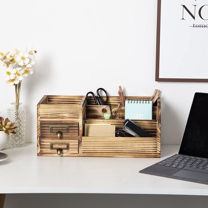 Distressed Rustic Wooden Office Desktop Drawers Organizer Wood Shelf Tabletop Home Organizer Storage with Multiple Compartments,perfect Jewelry storage Display Box for Desk, Vanity (Dark Brown)