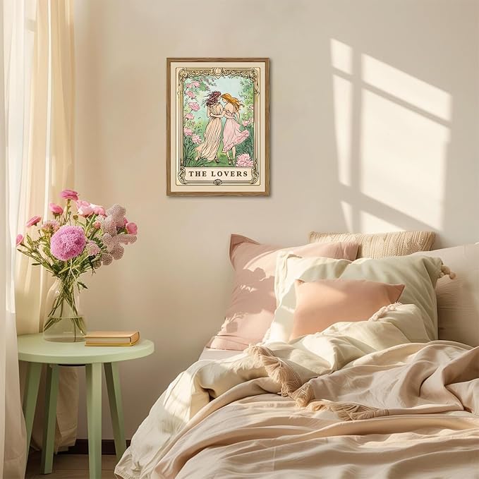 Trendy The Lovers Tarot Card Wall Art Vintage Girl Wall Decor Painting, Mid Century Couples Poster Canvas Print Picture for Living Room Bedroom 16x24 inch Wood Framed