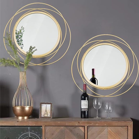 2 Set Circle Mirrors for Wall Decor for Living Room Bedroom Bathroom Entryway Metal Round Mirror Decorative Hanging Mirrors Sun Bohemian Geometric Accent Sculpture -Gold 15.7 in