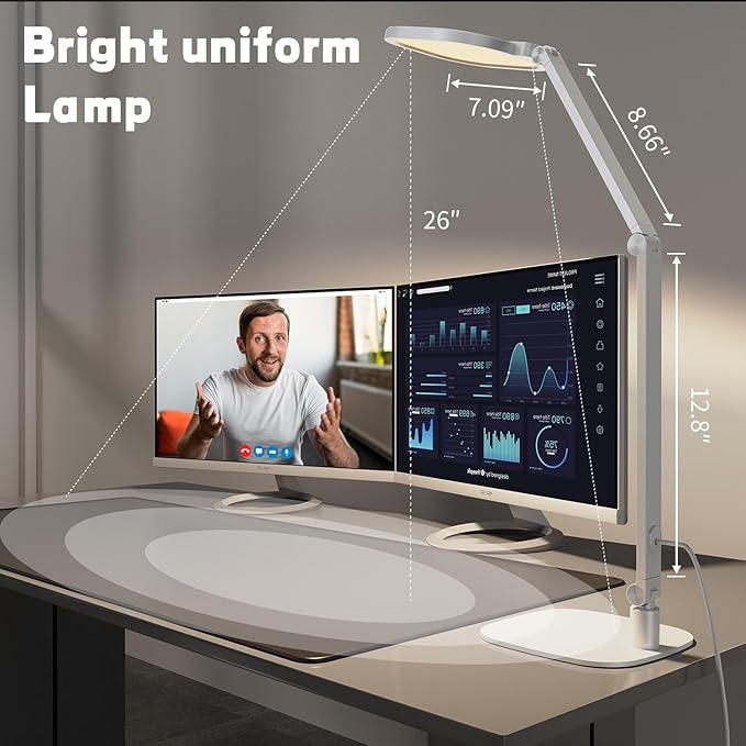LitONES LED Desk Lamp for Home Office, Professional Eye-Caring Diffused Desk Light, 3 Color 10 Brightness Computer Light, Dimmable Office Lamp with Memory & Timer Func, Metal Swing Arm Table Lamp