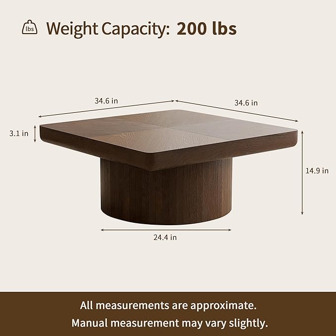 Solid Wood Square Coffee Table with Thick 3.1" Parquet Top & Cylindrical Base, Modern Living Room Coffee Table, Heavy-Duty Wood Center Table, Easy Assembly (34.6" Square Coffee Table)