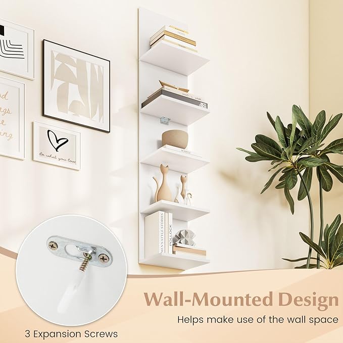 LOKO 5-Tier Wall Shelf, Vertical Column Storage Organizer with Expansion Screws, Decorative Wall Mounted Shelving, Floating Wooden Display Shelf for Living Room, Kitchen, Bathroom (1,White)