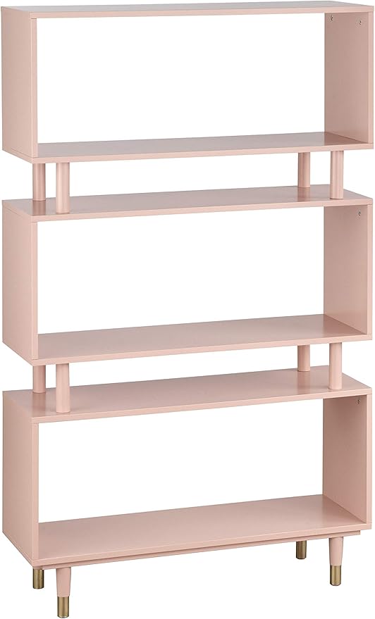 Margo 3 Tier Bookshelf, Mid Century Bookcase for Living Room, Bedroom Furniture & Home Office, Solid Wood Storage Shelves with Gold Legs, 59.5" Tall Modern Book Shelf, Pink