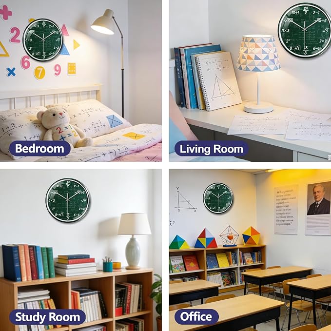 peacoblue Wall Clocks Battery Operated 12 Inch Math Problems on Blackboard Glass Round Wall Clock Non Ticking for Kitchen Living Room Dining Room Classroom and Study Room Decor (Battery Not Included)