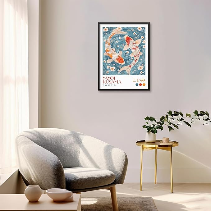 Light Blue Koi Fish Wall Art Japanese Yayoi Kusama Canvas Poster 16X24 inch Black Framed Modern Vintage Animal Aesthetic Paintings for Living Room Bedroom Dorm Wall Decor