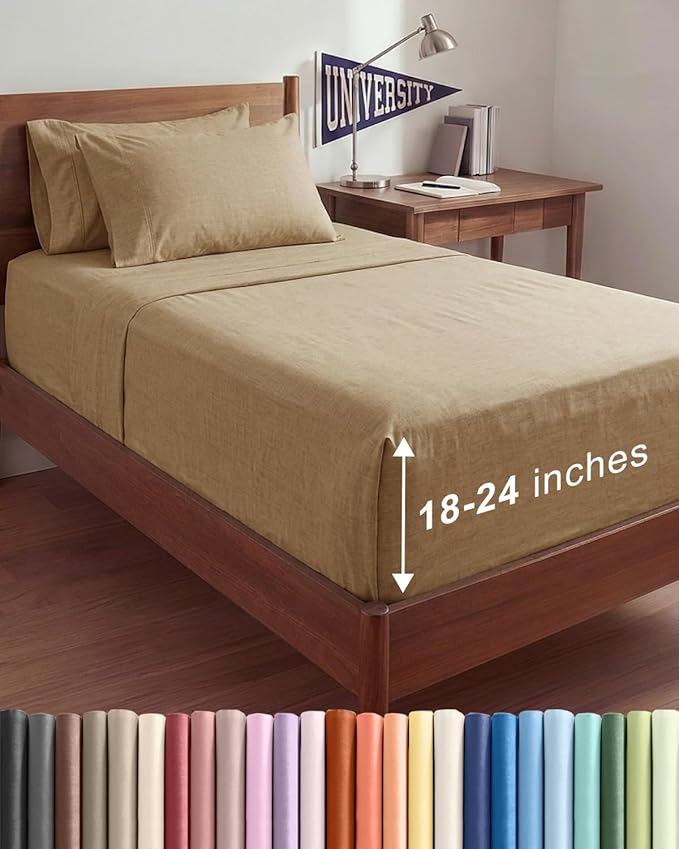 Extra Deep Twin XL Sheet Set - 4 Piece College Dorm Bed Sheets Set with Extra Deep Pockets - Ultra-Soft, Comfy & Breathable Bedding for Women, Men, Kids & Teens - Wrinkle & Fade Free - Heathered Tan