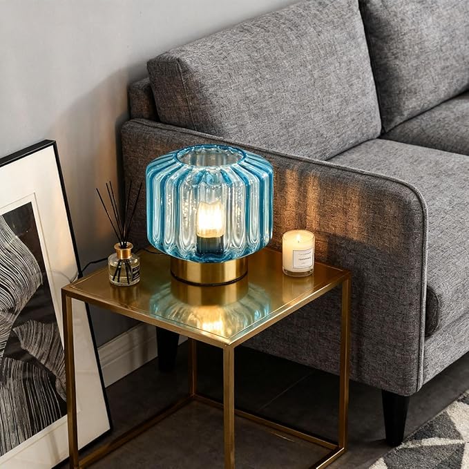 Mid Century Modern Table lamp Small Table Lamps with Touch Metal Base and Blue Glass Shade Vintage Gold Desk lamp nightstand lamp Bedside Table lamp for Bedroom Living Room Office