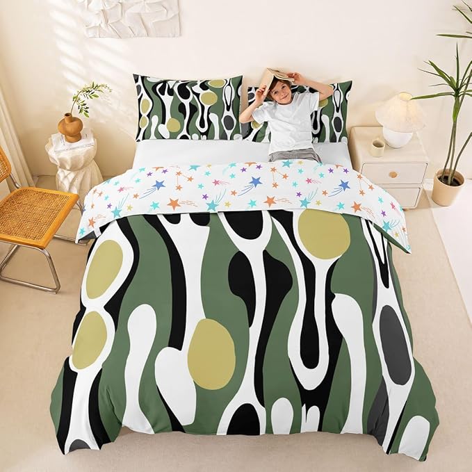 Erosebridal Organic Abstract Duvet Cover Set Modern Contemporary King Bedding Set for Adult Men Boho Mid Century Wavy Lines Comforter Cover Retro Geometric Bed Sets,Olive Green Khaki