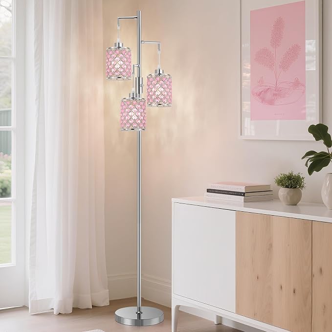 GyroVu Pink Crystal Floor Lamp, 3-Light Standing Tall Lamp with Sparkling K9 Crystal Shade, Rotary Switch, Easy Assemble Lamps for Living Room, Bedroom, Home Office, Girls Room
