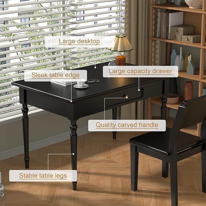 Solid Wood French Country Desk,Writing Desk with Storage Drawers,Farmhouse Computer Table Makeup Table Modern Simple Style,for Home Office Living Room Study Workspace Bedroom (Black, 31.5IN)