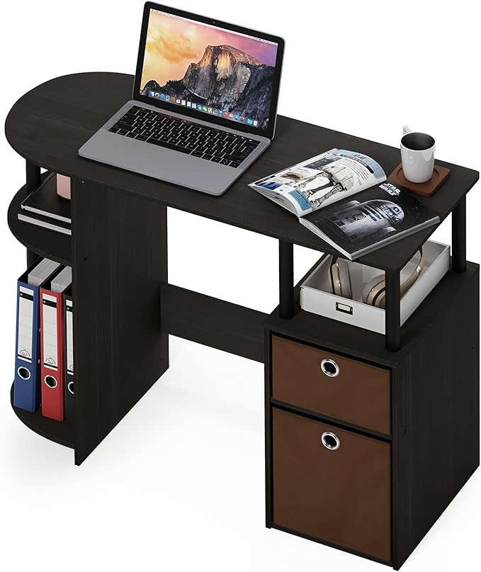 Furinno JAYA Desk, 38.4" Wide Gaming Desk with Bin Drawers, Computer Desk with Side Shelf, Office Desk for Study, Home Office, Bedroom, Dorm, Study Room, Espresso