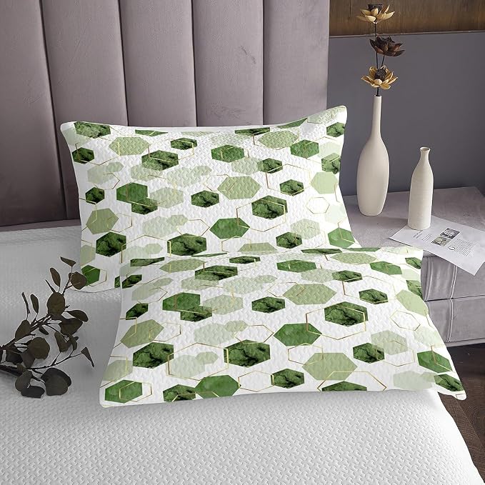 Erosebridal Sage Green Modern Quilt Set King - Marble Grain Geometric Coverlet Set, Fresh Abstract Geometric Art Decor Quilts for Boys Girls Watercolor Hexagon Bedspreads with 2 Pillowcases