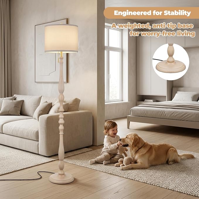 Wood Floor Lamp for Living Room,Farmhouse Standing Lamp with Remote & Dimmable 9W Bulb, Mid Century Standing Tall Lamps for Bedroom Corner Floor Lamps for Nursery, Office, Reading (Antique White)